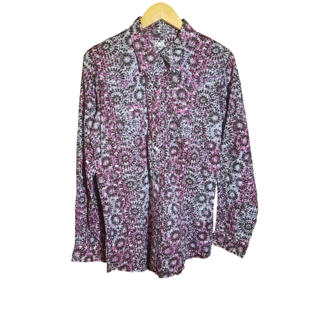Rock 47 by Wrangler Purple Pearl Snap Abstract Splatter Floral Pattern Size L